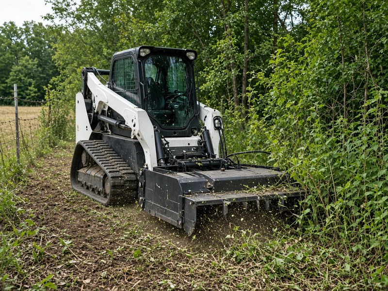 Tracked skid steer loader with brush-clearing attachment cutting thick overgrowth in Kansas City