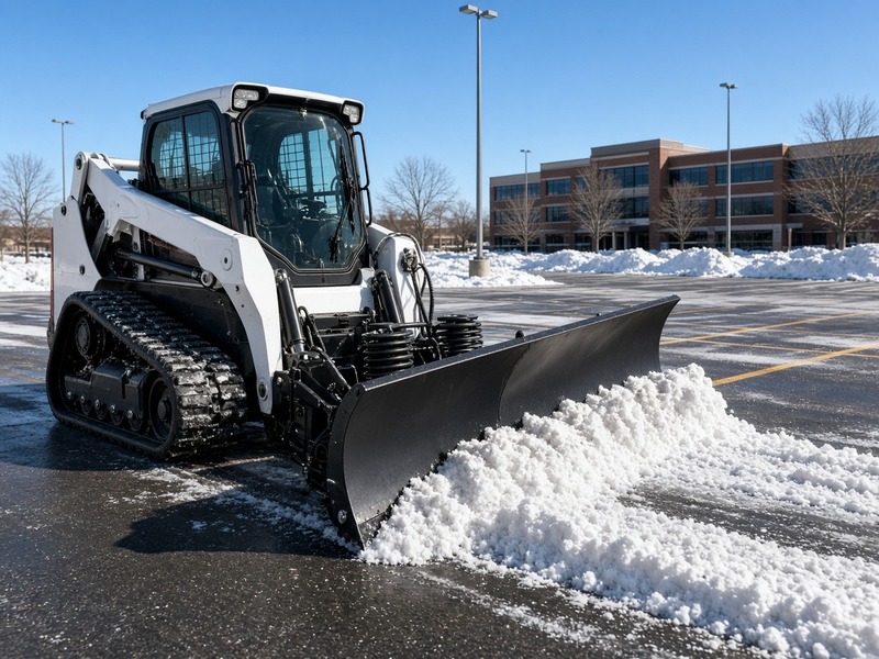 White and black tracked skid steer with an angled snow plow blade clearing a commercial parking lot