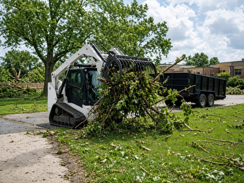White and black tracked skid steer picking up fallen branches off a lawn next to a dump trailer